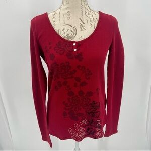 Lucky Brand Red Long Sleeve Floral Thermal Henley Top